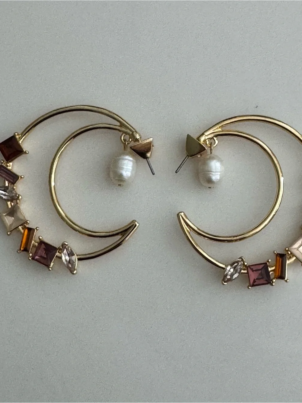 Gold Hoop Earrings with Pink and Amber Gem Accents and Pearl Drop